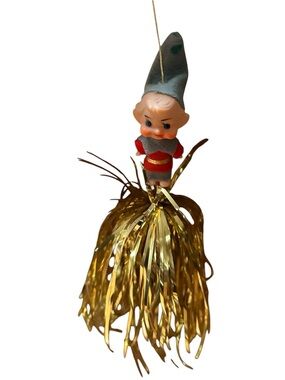 Vintage Elf Holiday Tinsel Ornament in Red, Gray, Gold